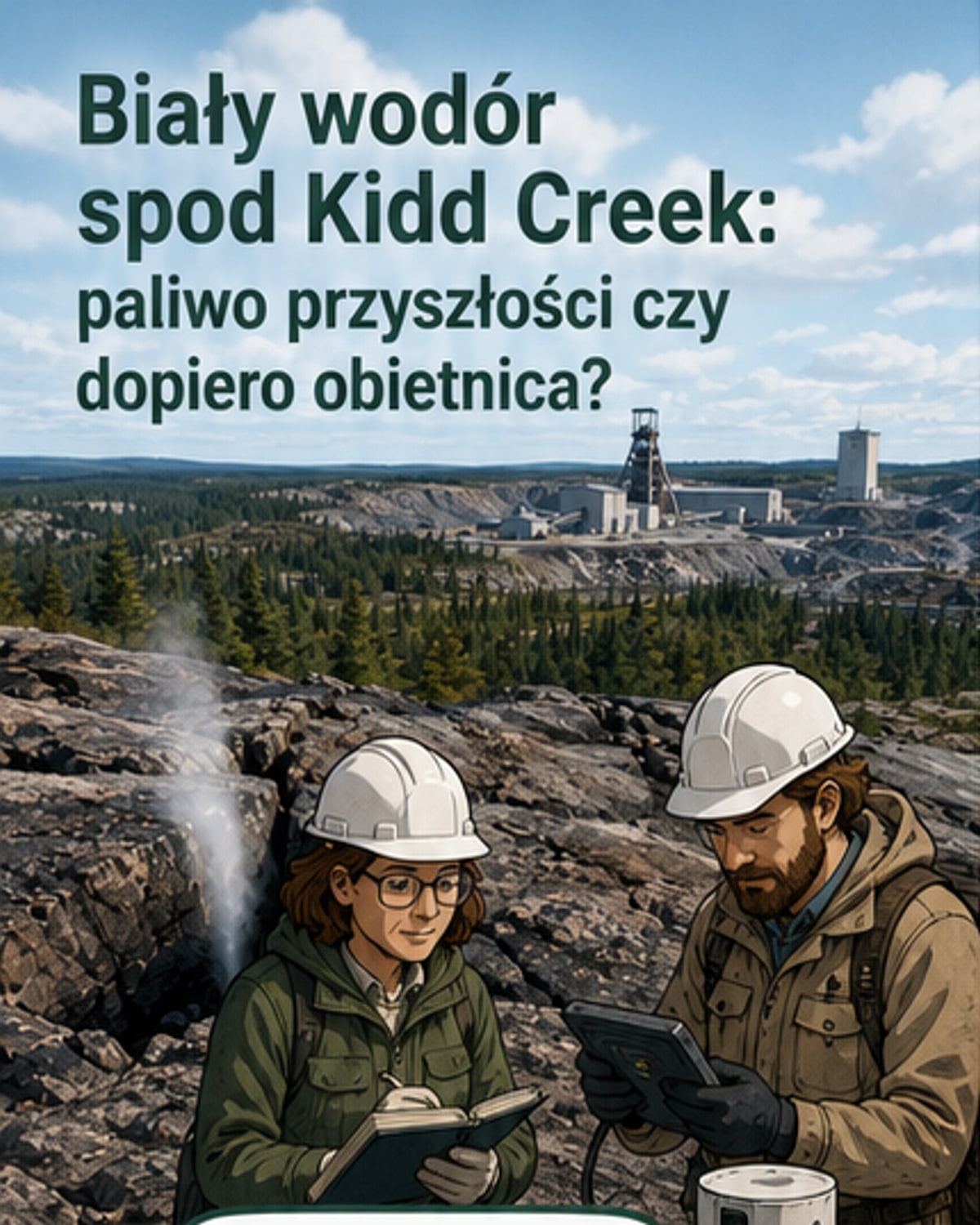 Ilustracja przedstawia przekrój geologiczny kopalni Kidd Creek z emisją naturalnego wodoru z głębokich warstw skał, z domami zasilanymi energią w tle.