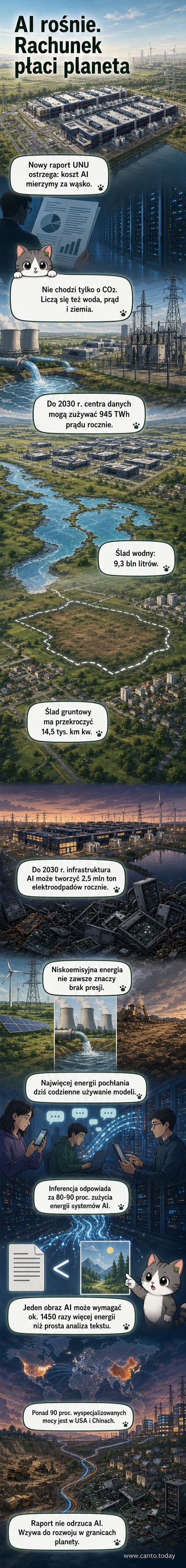 Ilustracja przedstawiająca centrum danych pochłaniające strumienie wody i energii, z tłem przedstawiającym susze i elektroodpady.