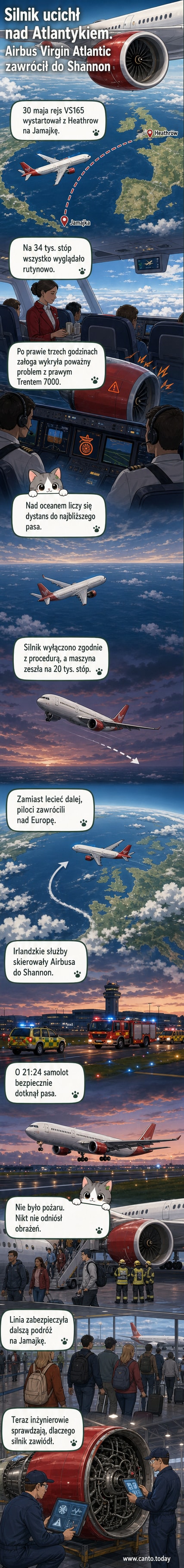 Airbus A330-900neo ląduje na lotnisku w Shannon po awarii silnika nad Atlantykiem