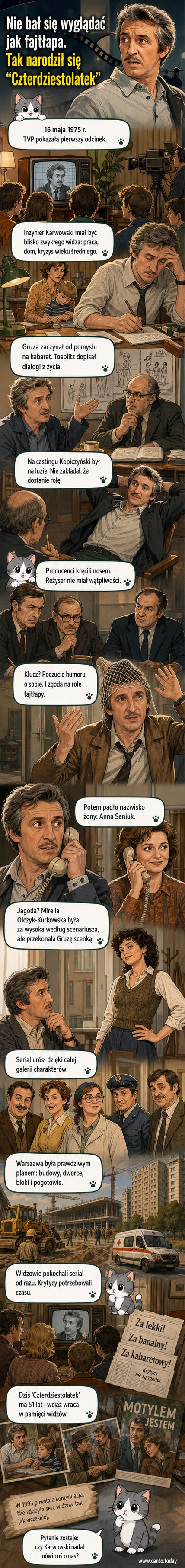Zrzut ekranu z serialu 'Czterdziestolatek': Andrzej Kopiczyński w roli inżyniera Karwowskiego, w domowym otoczeniu, z uśmiechem na twarzy.