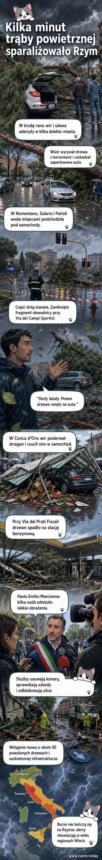 Zniszczenia w Rzymie po trąbie powietrznej — przewrócone drzewa, uszkodzone samochody i podtopione ulice.