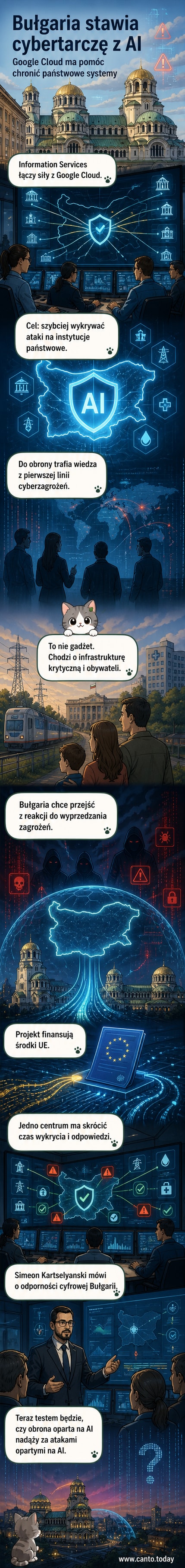 Ilustracja przedstawiająca cyfrową tarczę chroniącą budynki instytucji rządowych, z falami ataków odbijającymi się od niej, a w tle logo Google Cloud i bułgarskie flagi.