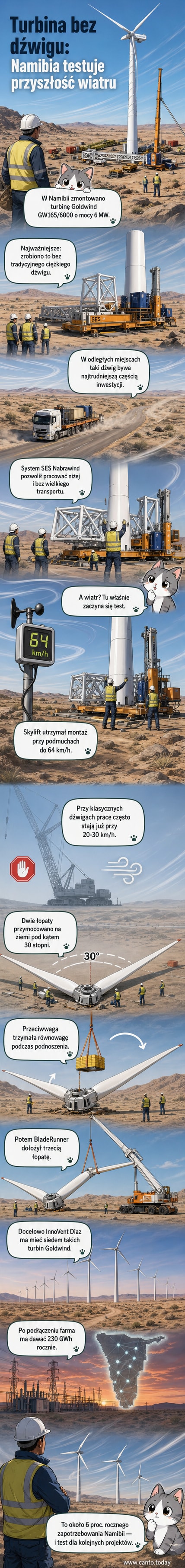 Ilustracja przedstawia montaż turbiny wiatrowej w pustyni Namibii bez użycia dźwigu — konstrukcja podnoszona jest innowacyjnym systemem stabilizacji podczas silnych wiatrów.