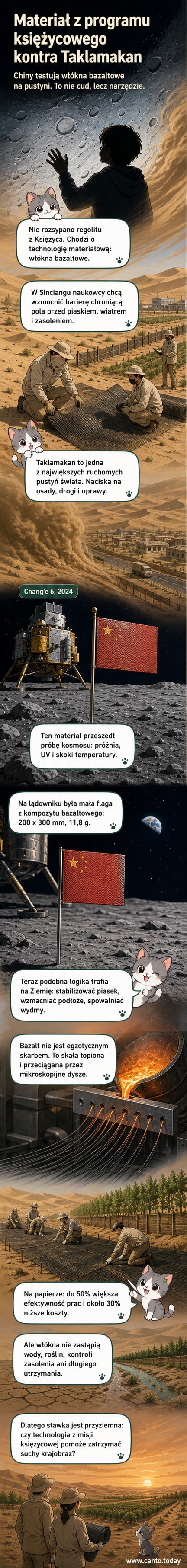 Ilustracja przedstawiająca chińskie barierki przeciwpiaskowe z włókna bazaltowego na tle wydm pustyni Taklamakan, z symbolem flagi z misji księżycowej Chang’e 6 w tle.