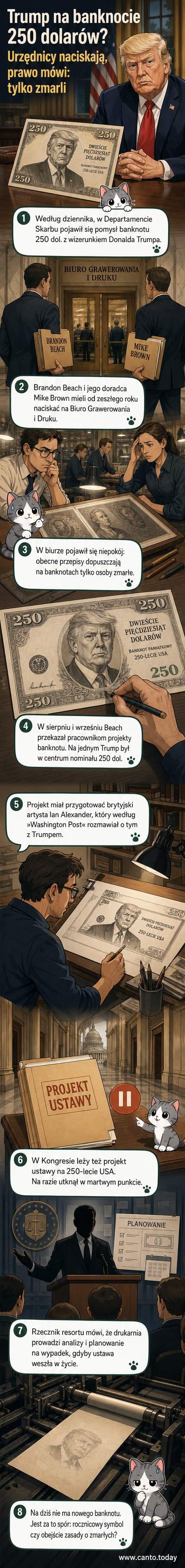 Projekt amerykańskiego banknotu 250-dolarowego z portretem Donalda Trumpa w centrum, pomiędzy podpisami urzędników