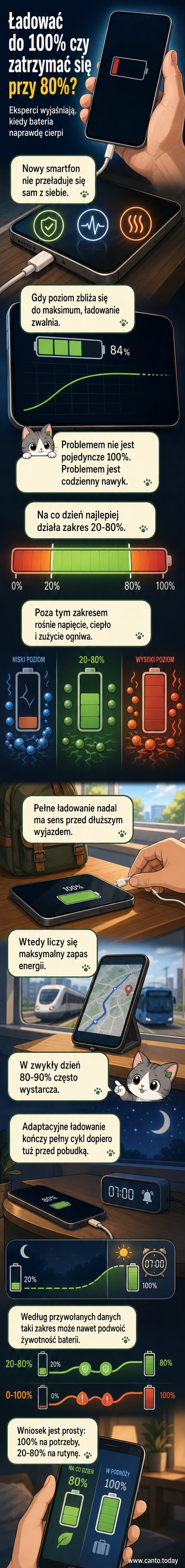 Ilustracja przedstawia smartfon z poziomem baterii na 80% i ikoną ładowania, obok wykres porównujący żywotność baterii przy różnych schematach ładowania.