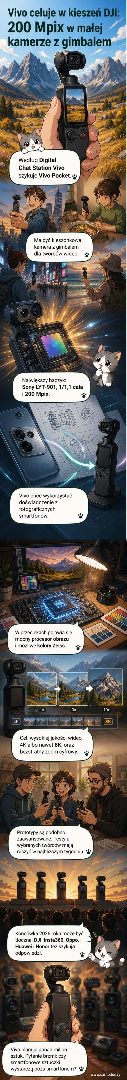 Ilustracja kieszonkowej kamery z gimbalem, trzymanej w dłoni, z widocznym dużym sensorem i ekranem tylnym, tło: miasto i scena nagrywania wideo.