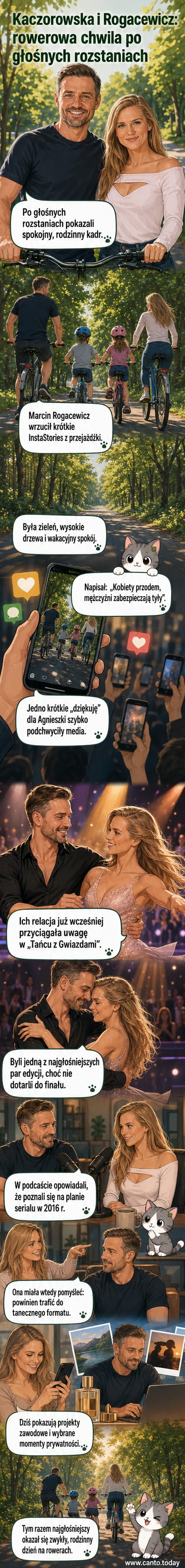 Rodzinna przejażdżka rowerowa Agnieszki Kaczorowskiej i Marcina Rogacewicza z dziećmi przez zielony, leśny krajobraz.