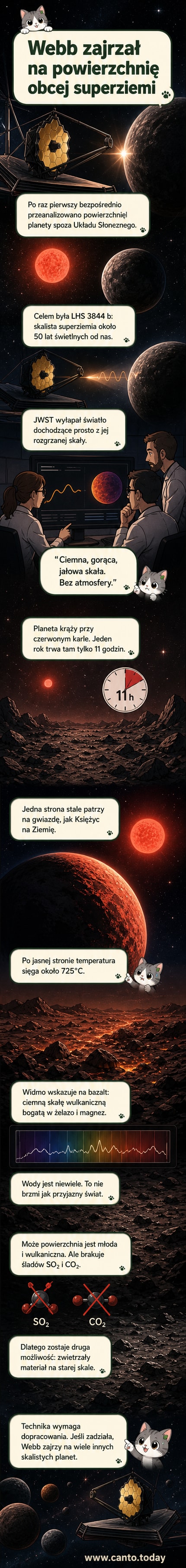 Ilustracja artystyczna przedstawiająca ciemną, skalistą egzoplanetę LHS 3844 b oświetloną przez pobliską czerwoną gwiazdę, z charakterystycznym kontrastem między rozgrzaną a ciemną stroną, w tle widoczny jest Kosmiczny Teleskop Jamesa Webba.