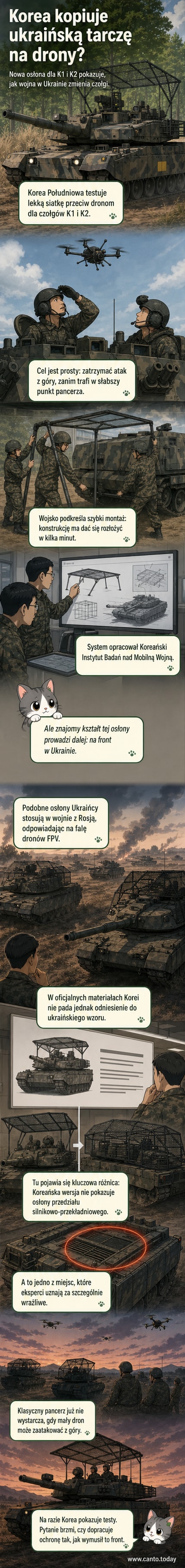 Południowokoreański czołg K2 z siatkową osłoną antydronową, przypominającą ukraińskie konstrukcje, podczas szkoleń.