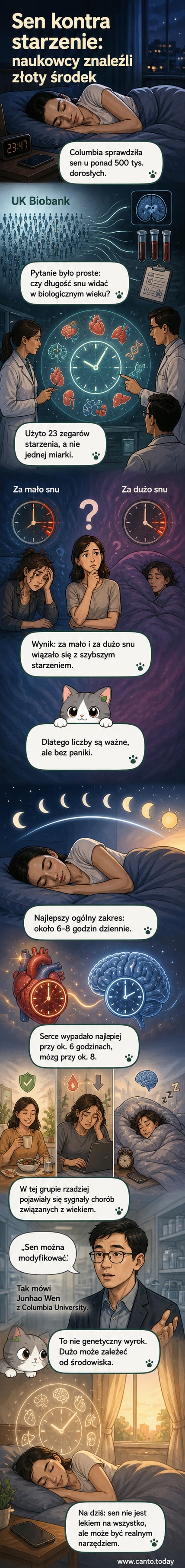 Ilustracja mózgu i serca z zegarami biologicznymi, pokazująca różnice w optymalnym czasie snu dla różnych narządów.