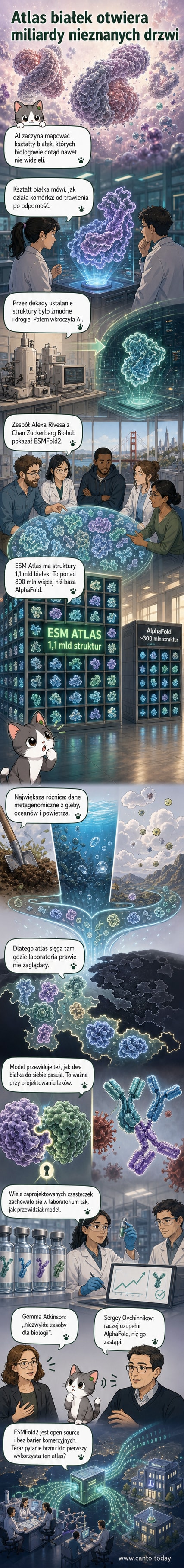 Ilustracja przedstawiająca trójwymiarowe struktury białek w kolorowych, spiralnych formach, otoczone przez linie kodu i symbole genetyczne, z napisem 'ESM Atlas' w tle.
