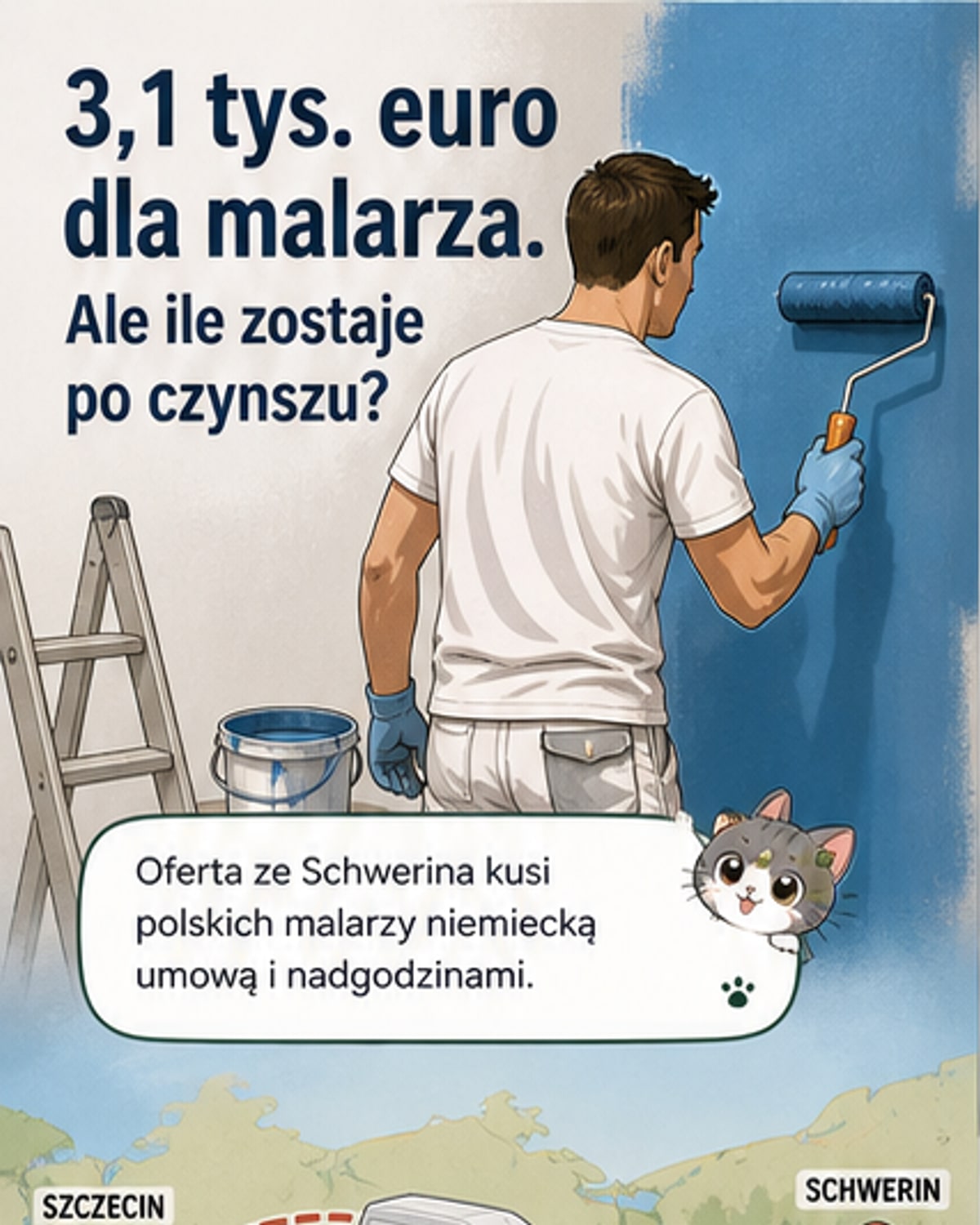 Ilustracja przedstawia polskiego malarza budowlanego pracującego na elewacji budynku w Niemczech, z widocznym widokiem na miasto Schwerin i porównaniem zarobków netto do kosztów zakwaterowania.