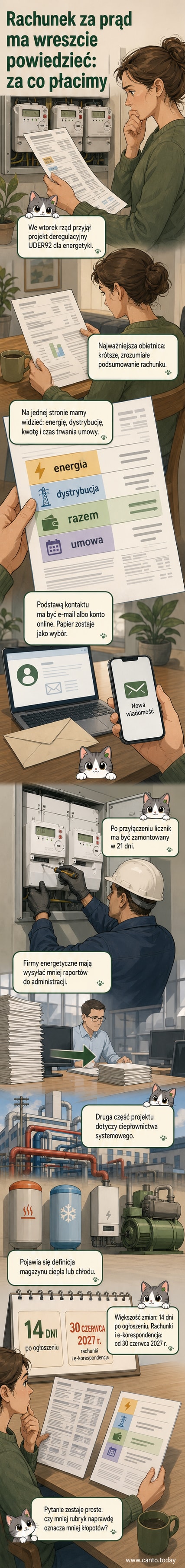 Ilustracja przedstawiająca uproszczony rachunek za prąd z wyraźnym podsumowaniem kosztów, obok ikona wiadomości e-mail i kalendarz z datą 30 czerwca 2027.