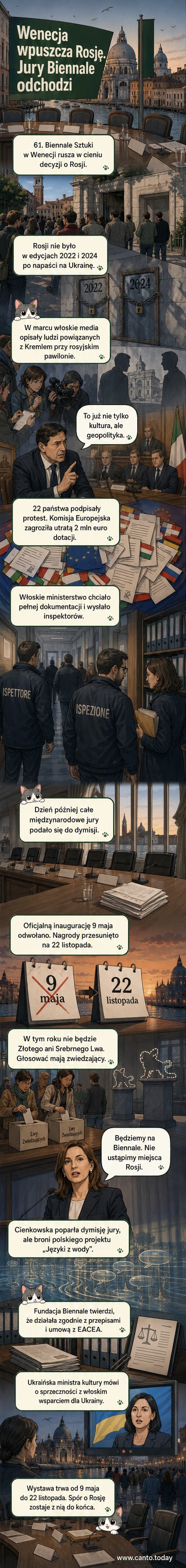Zdjęcie z Biennale w Wenecji: pusty pawilon z tablicą 'Rosja', na tle kolorowych flag uczestników