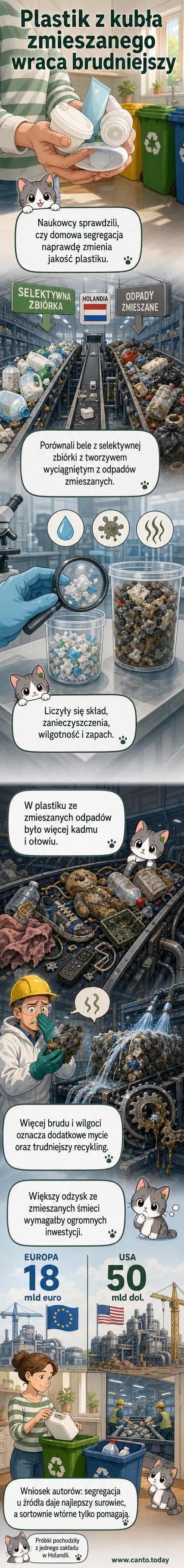 Ilustracja przedstawia dwie strony ulicy: po jednej stronie domy z żółtymi pojemnikami na plastik, po drugiej – wielki kontener ze zmieszanymi odpadami, z którego wydobywa się ciemny dym z ikonami metali ciężkich i brudu.