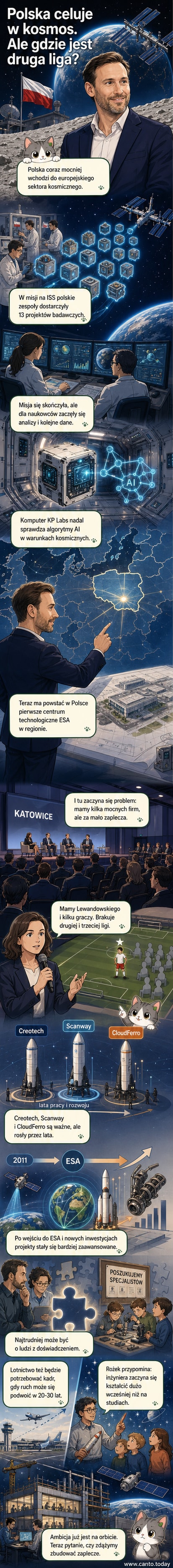 Ilustracja przedstawia astronautę w skafandrze na tle polskiej flagi i satelity, z cieniem piłkarskiego boiska pod stopami – metafora polskiego przemysłu kosmicznego z jednym gwiazdorem i słabą drużyną.