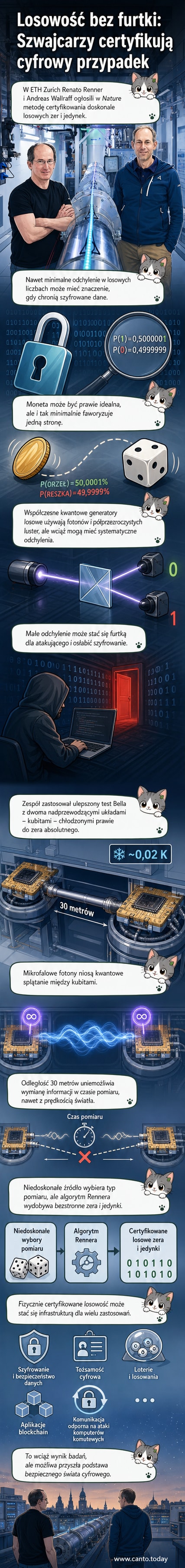 Ilustracja dwóch splątanych kubitów na mikrochipach połączonych falowodem, z symetrycznymi wzorcami losowych bitów w tle