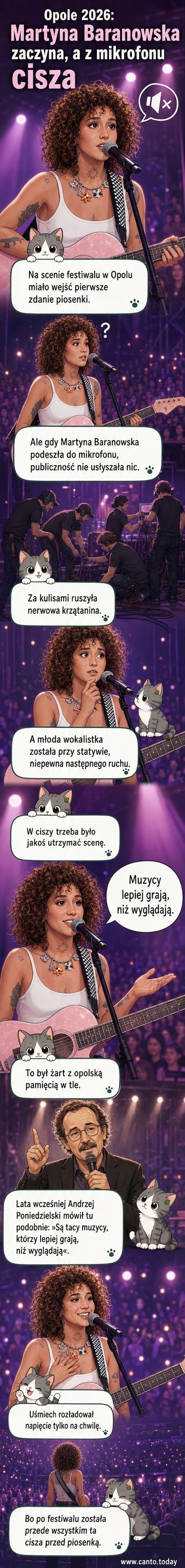 Scena festiwalowa, młoda wokalistka z mikrofonem, technicy nerwowo sprawdzają sprzęt, publiczność patrzy wyczekująco.
