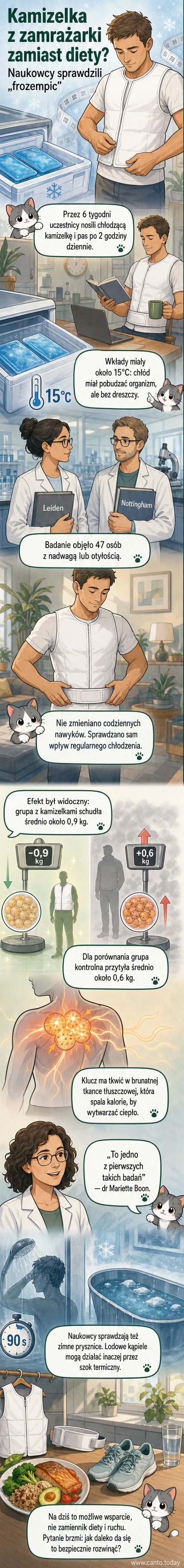 Ilustracja przedstawia osobę w specjalnej kamizelce chłodzącej, z oznaczeniem działania na tkankę tłuszczową i aktywację metabolizmu poprzez zimno.