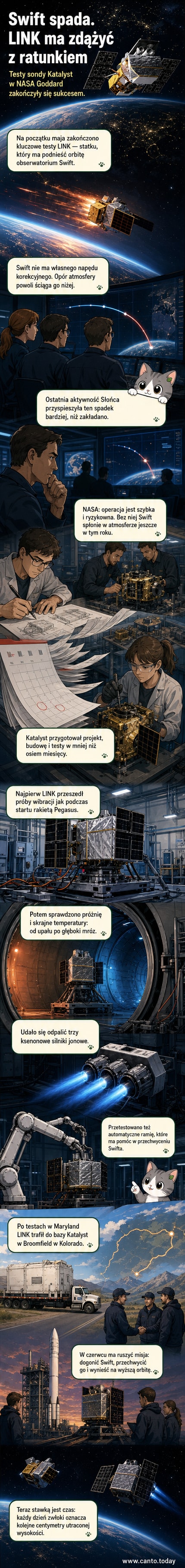 Sonda LINK podczas testów w laboratorium NASA, symulujące warunki startu i działania w kosmosie.