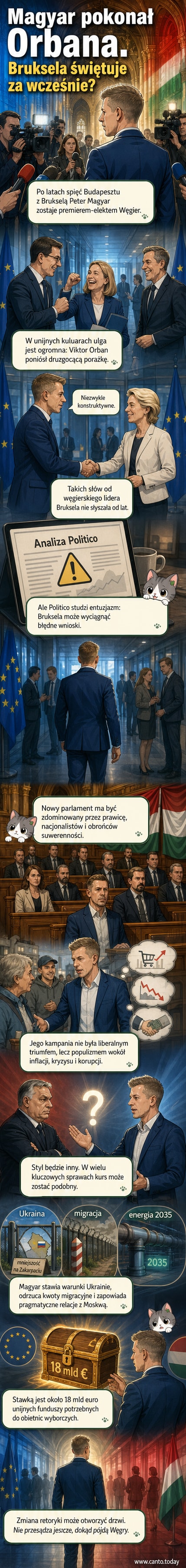 Ilustracja przedstawiającą Petera Magyara i Viktora Orbana po przeciwnych stronach stołu, w tle budynki Brukseli i Budapesztu, z symbolem UE na stole.