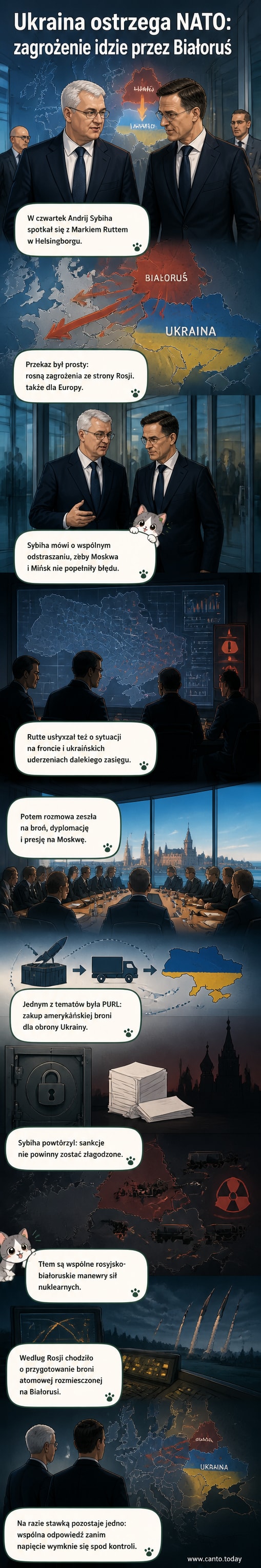 Ilustracja przedstawia mapę regionu z zaznaczonymi Białorusią i Rosją, nad którą unoszą się symbole rakiet i ostrzegawczych znaków. Na pierwszym planie – sylwetki dyplomatów rozmawiających podczas spotkania NATO.