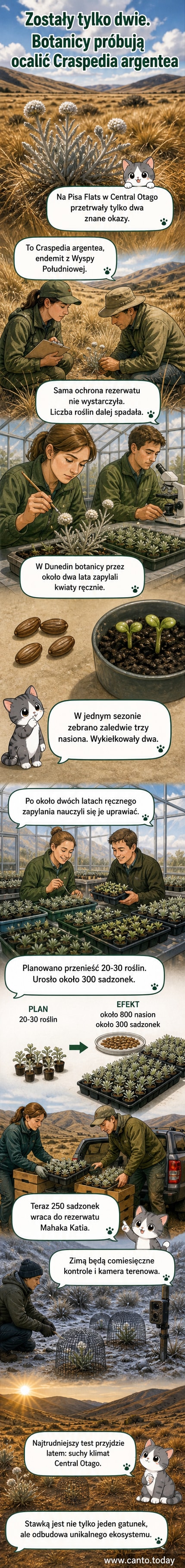 Ilustracja przedstawia dwie rzadkie rośliny Craspedia argentea na tle krajobrazu Nowej Zelandii, z sadzonkami rosnącymi w szklarni i botaników pracujących w rezerwacie.