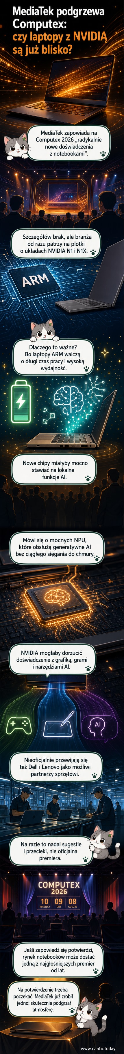 Sylwetki laptopów z cienkimi ramkami i ikonami sztucznej inteligencji, tła z logotypami MediaTek i NVIDIA, tło z klimatem targów technologicznych