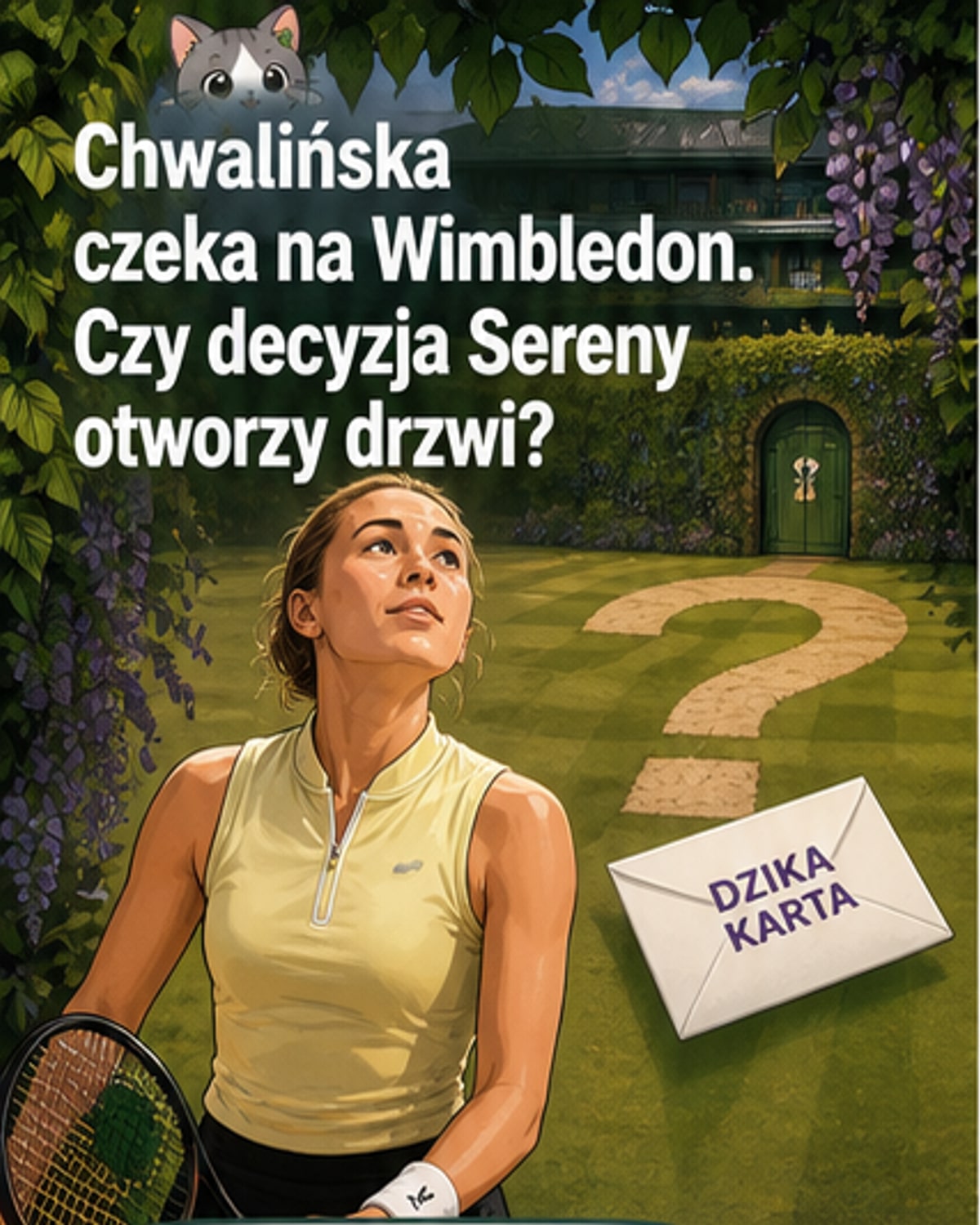 Maja Chwalińska podczas meczu na czerwonym korcie, w tle logotyp Wimbledonu i sylwetka Sereny Williams w białym stroju tenisowym.