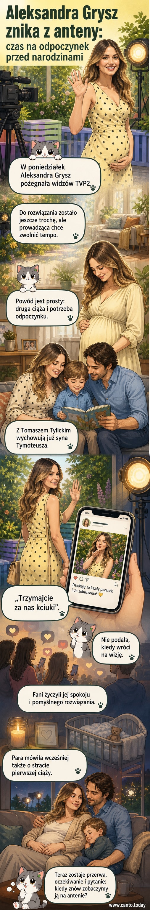 Zdjęcie Aleksandry Grysz z uśmiechem, trzymającej dłoń na brzuchu, z napisem 'Do zobaczenia wkrótce'.