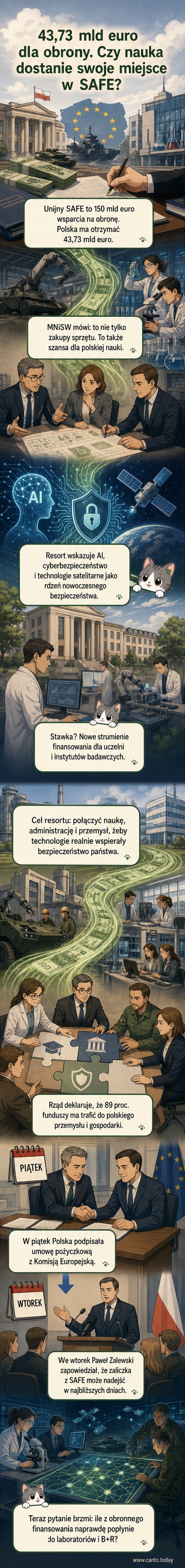 Wizualizacja przedstawiająca połączenie polskiej nauki z technologią obronną – satelity, sztuczna inteligencja i cyberbezpieczeństwo na tle flagi UE i Polski, z symbolem programu SAFE