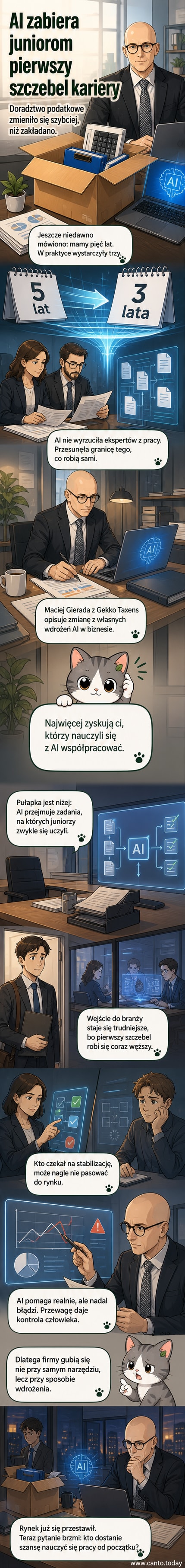 Ilustracja przedstawiającą osobę w biurze, która patrzy na ekran z ikoną sztucznej inteligencji, podczas gdy młodszy pracownik stoi z boku z pustym notatnikiem.