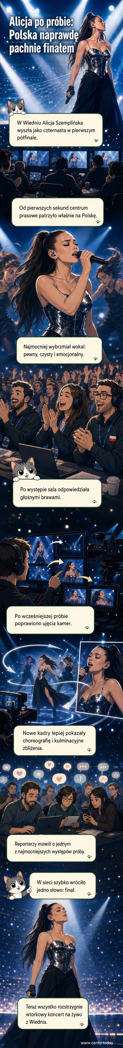 Alicja Szemplińska na scenie Eurowizji 2026 w Wiedniu, w dynamicznej scenie z tancerzami i nowoczesnym oświetleniem.