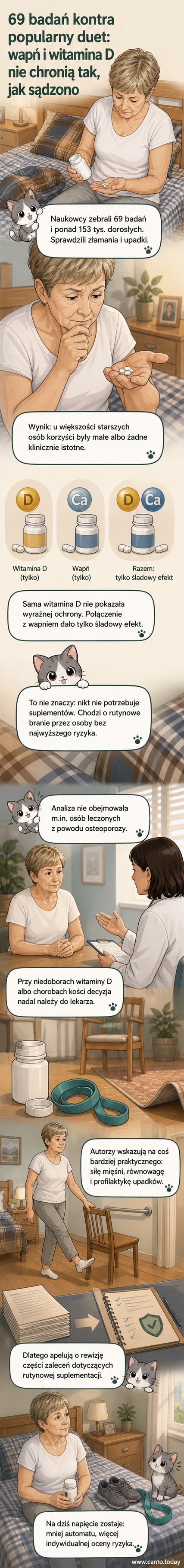 Ilustracja przedstawia starszą osobę trzymającą butelkę z suplementem wapnia i witaminy D, w tle widoczne są kalendarz z przekreślonymi dniami i opuszczona sztanga – sygnalizujące brak efektu profilaktyki.
