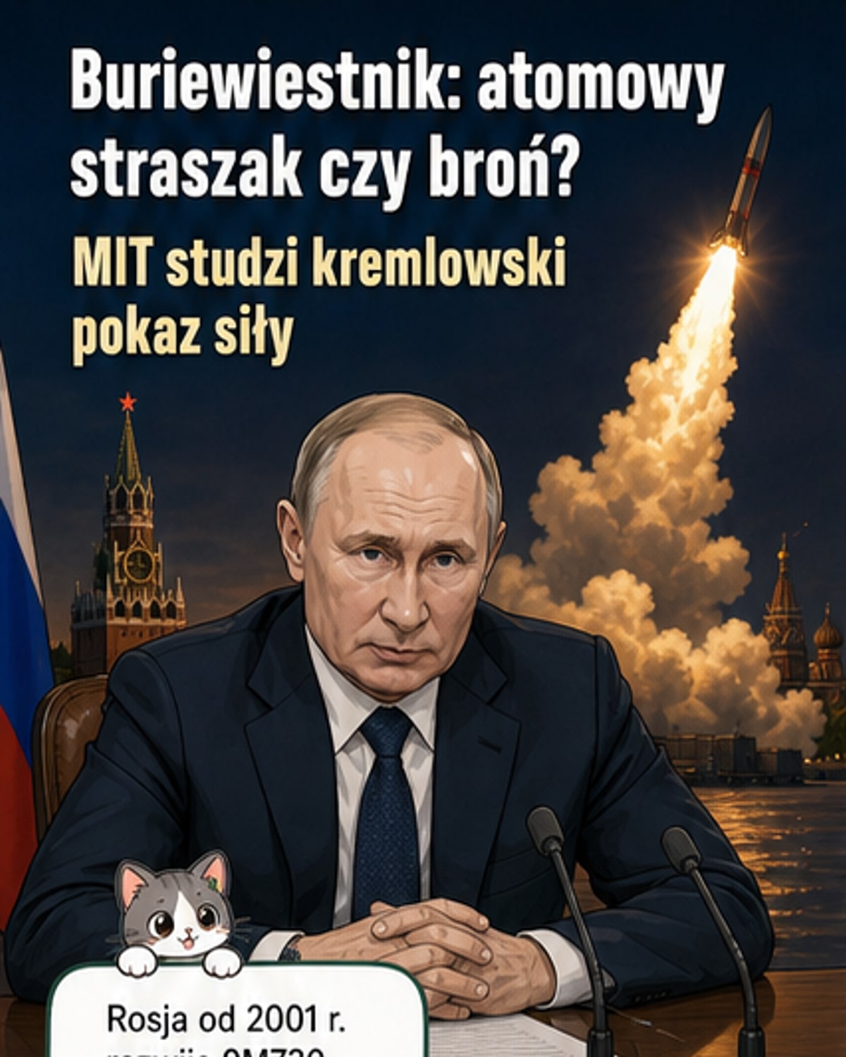 Ilustracja rosyjskiego pocisku manewrującego 9M730 Buriewiestnik z napędem jądrowym, lecącego nad mapą Europy, z widocznym radioaktywnym śladem w tle.