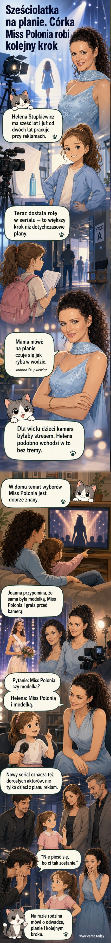 Mała Helena Stupkiewicz uśmiecha się do kamery na planie filmowym, w tle widać ekipę filmową i sprzęt.
