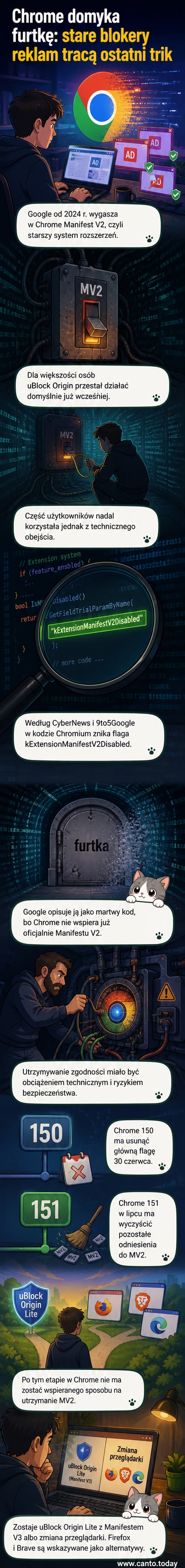 Ilustracja przedstawiająca ikonę przeglądarki Chrome z zablokowanym wejściem dla rozszerzenia blokującego reklamy, z napisem 'Manifest V2 disabled'.