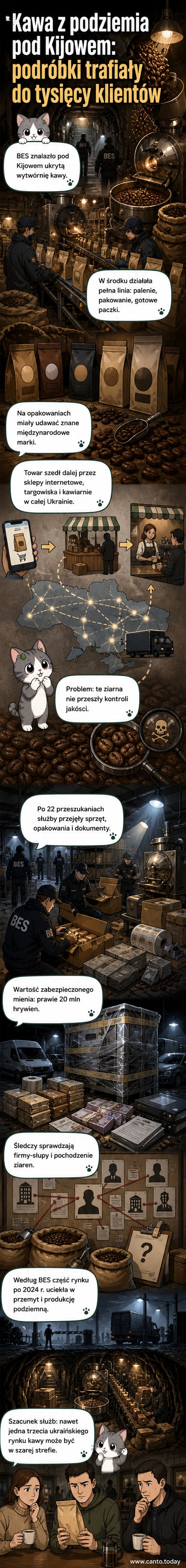 Ilustracja podziemnej fabryki kawy w Ukraińskie z maszynami do palenia i pakowania, otoczonej fałszywymi opakowaniami znanych marek