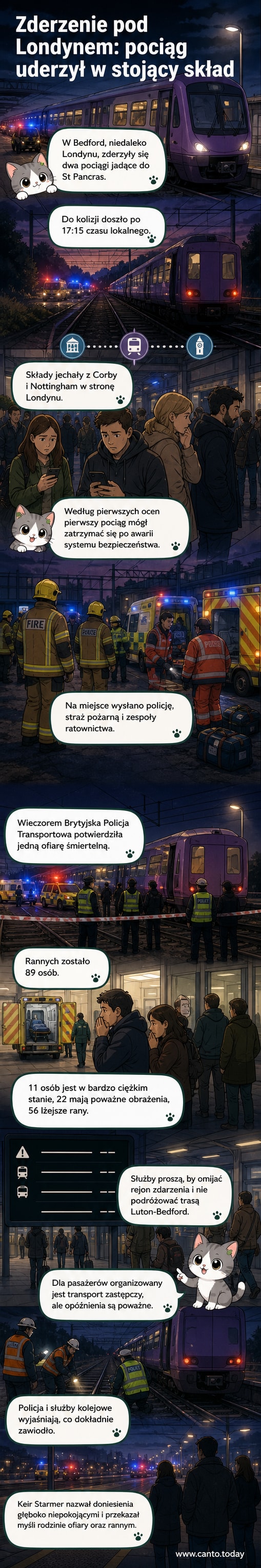 Ilustracja przedstawia dwie zderzone pociągi na tle mglistego krajobrazu, otoczone przez pojazdy służb ratunkowych i policyjne taśmy.