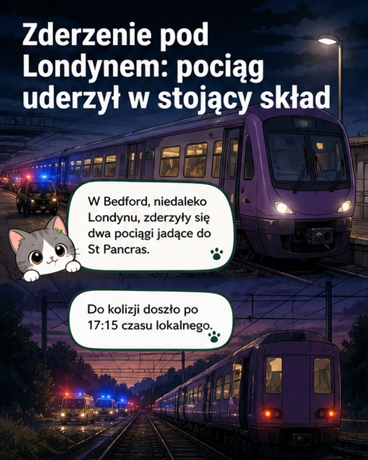 Ilustracja przedstawia dwie zderzone pociągi na tle mglistego krajobrazu, otoczone przez pojazdy służb ratunkowych i policyjne taśmy.