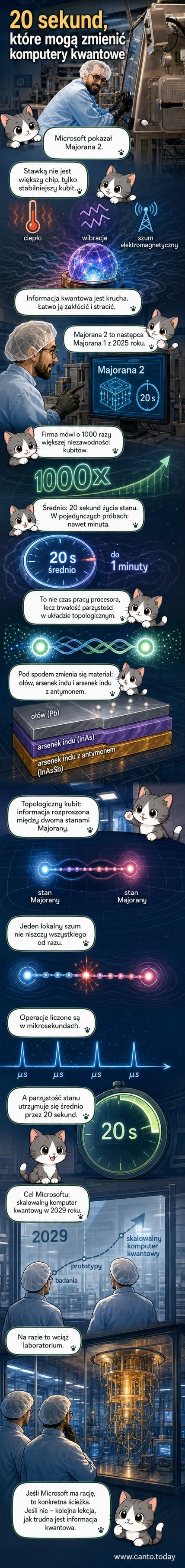 Schematyczny wygląd nowego procesora kwantowego Majorana 2 z oznaczonymi warstwami materiałowymi i topologicznym układem kubitów