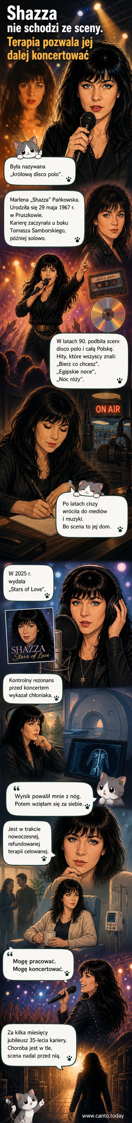 Shazza na scenie w kwietniu 2026 roku, w jasnej sukni, uśmiecha się do publiczności podczas koncertu.