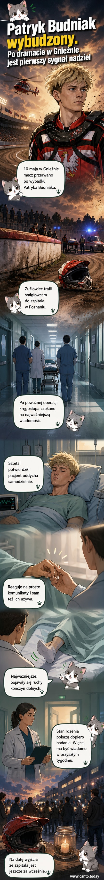 Młody żużlowiec Patryk Budniak w kasku i stroju wyścigowym, zdjęcie z okresu przed wypadkiem, obok komunikat o jego stanie zdrowia.