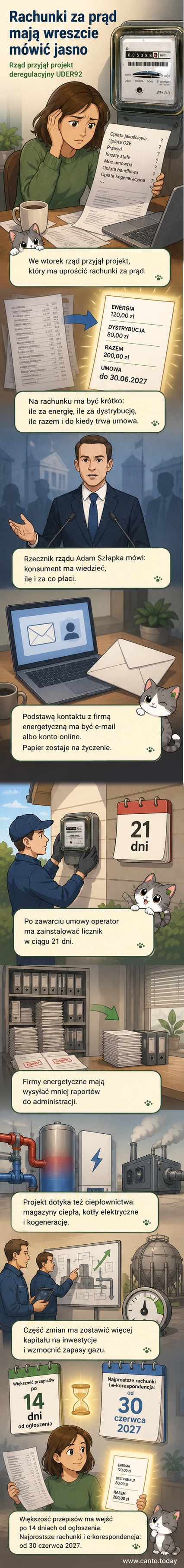 Ilustracja przedstawiająca uproszczoną fakturę za prąd z wyraźnym podziałem kosztów i ikoną ciepłowni z magazynem ciepła w tle.