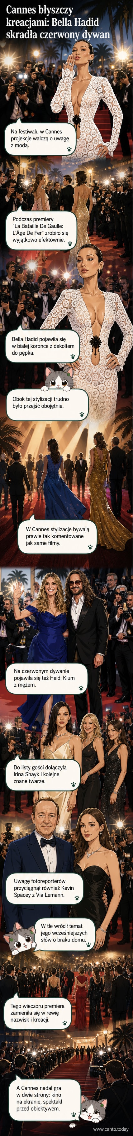 Gwiazdy na czerwonym dywanie w Cannes: Bella Hadid w koronkowej sukience z głębokim dekoltem, Heidi Klum z mężem, Irina Shayk i Kevin Spacey z modelką Via Lemann.
