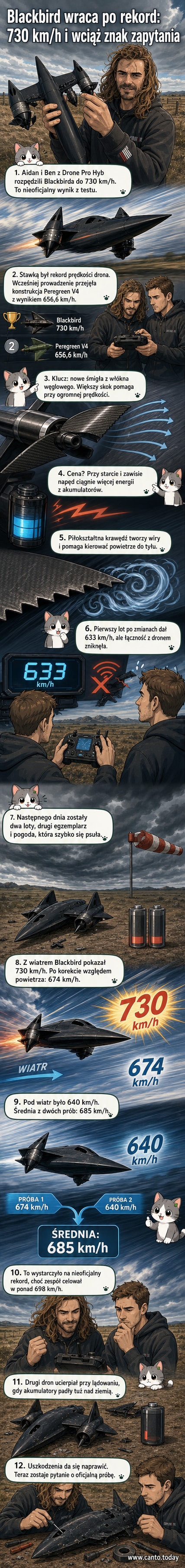 Ilustracja drona Blackbird pędzącego przez niebo z prędkością ponad 700 km/h, z torusem powietrza wokół śmigieł i liczbą 730 km/h w tle.