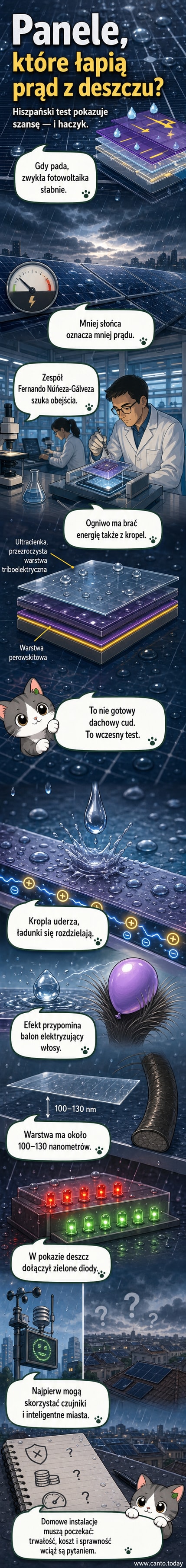 Schemat hybrydowego ogniwa fotowoltaicznego z nanowarstwą generującą prąd z kropel deszczu, opracowanego przez hiszpański zespół badawczy.