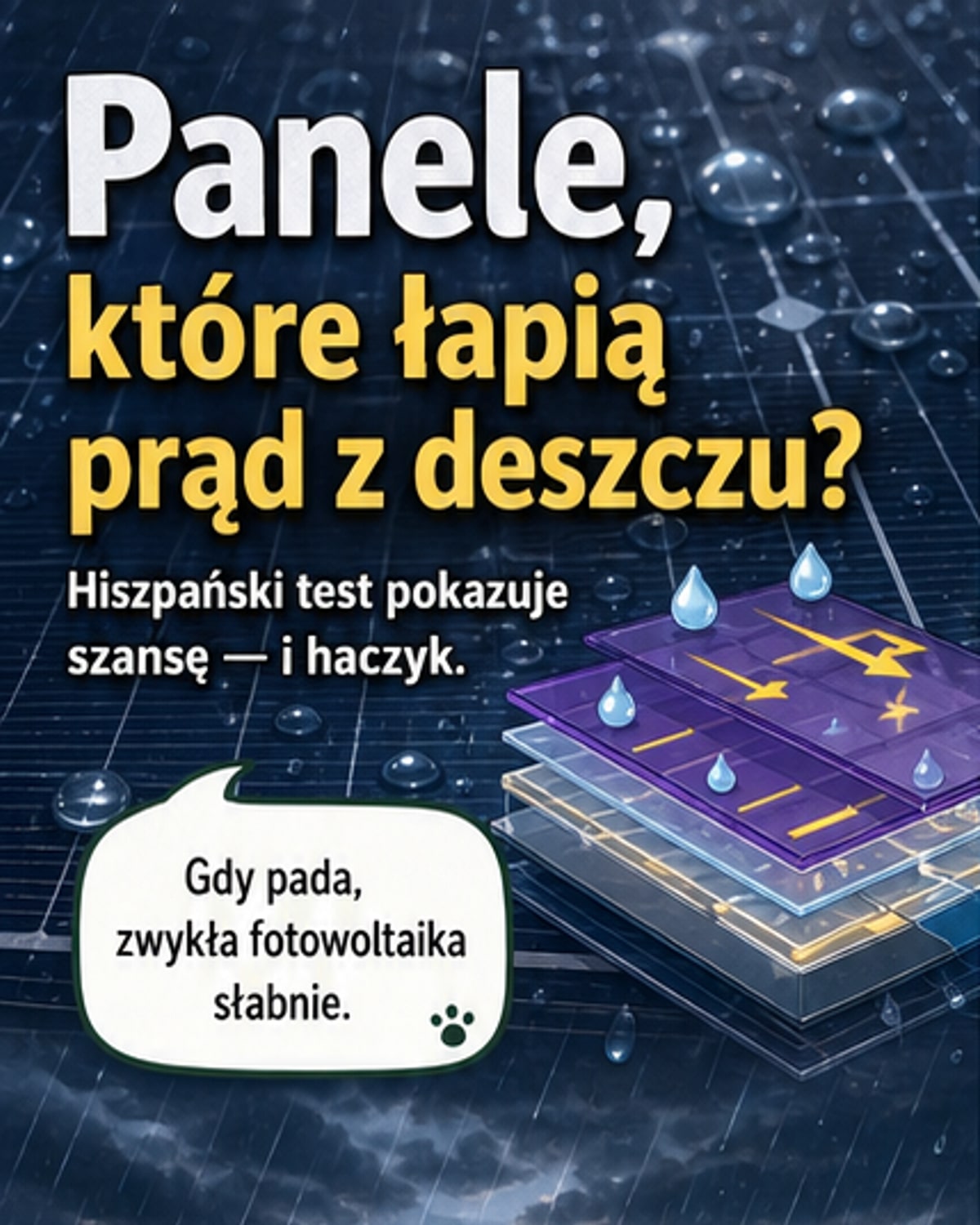 Schemat hybrydowego ogniwa fotowoltaicznego z nanowarstwą generującą prąd z kropel deszczu, opracowanego przez hiszpański zespół badawczy.