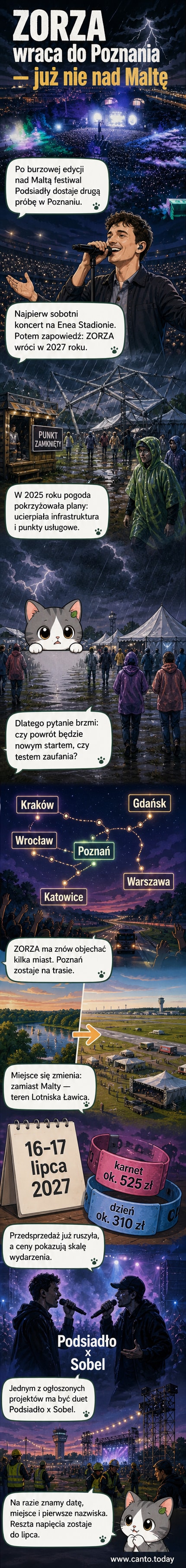 Ilustracja festiwalu ZORZA na tle zachodzącego słońca, z tłumem, sceną koncertową i samolotem w oddali – symbol nowej lokalizacji na Lotnisku Ławica.